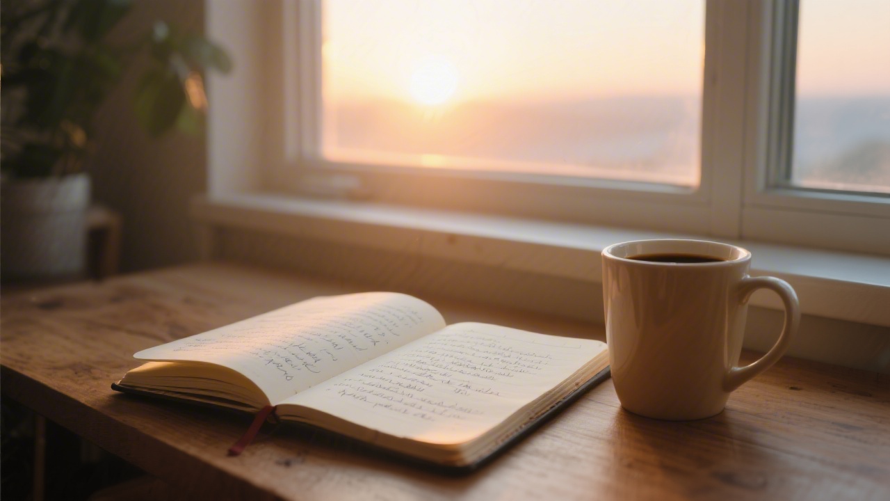 Morning pages journal and coffee in early morning light