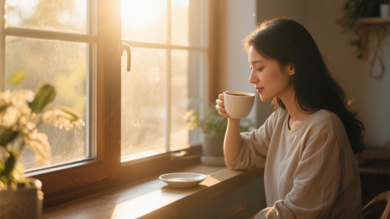 Person in morning light by window, morning routine for better sleep