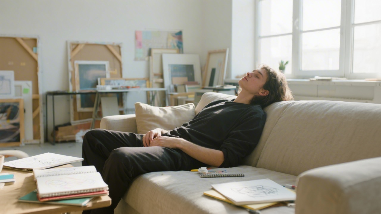 Creative professional napping in a studio for creative insight