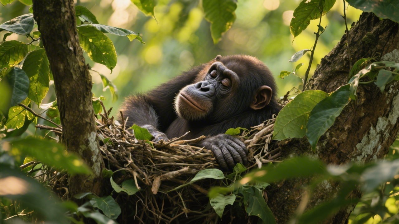 Chimpanzee sleeping in tree nest — nature sleep lessons