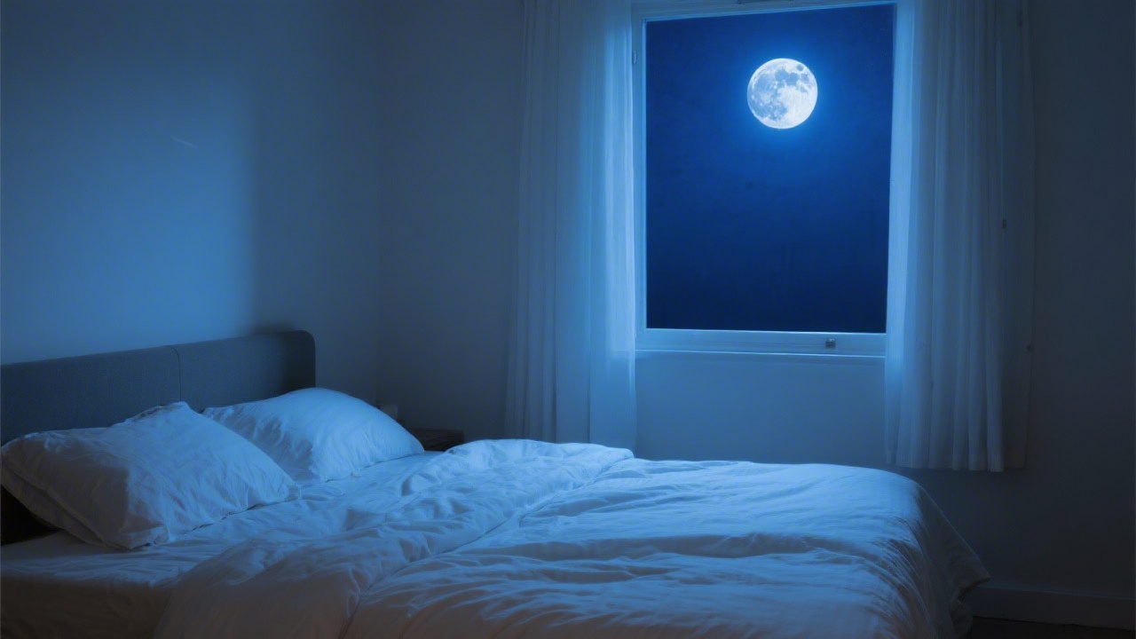Calm bedroom at night with white bedding and atmospheric light
