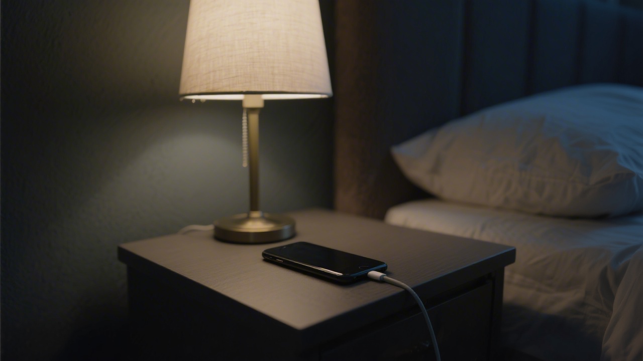 Phone placed on nightstand away from bed for better sleep hygiene