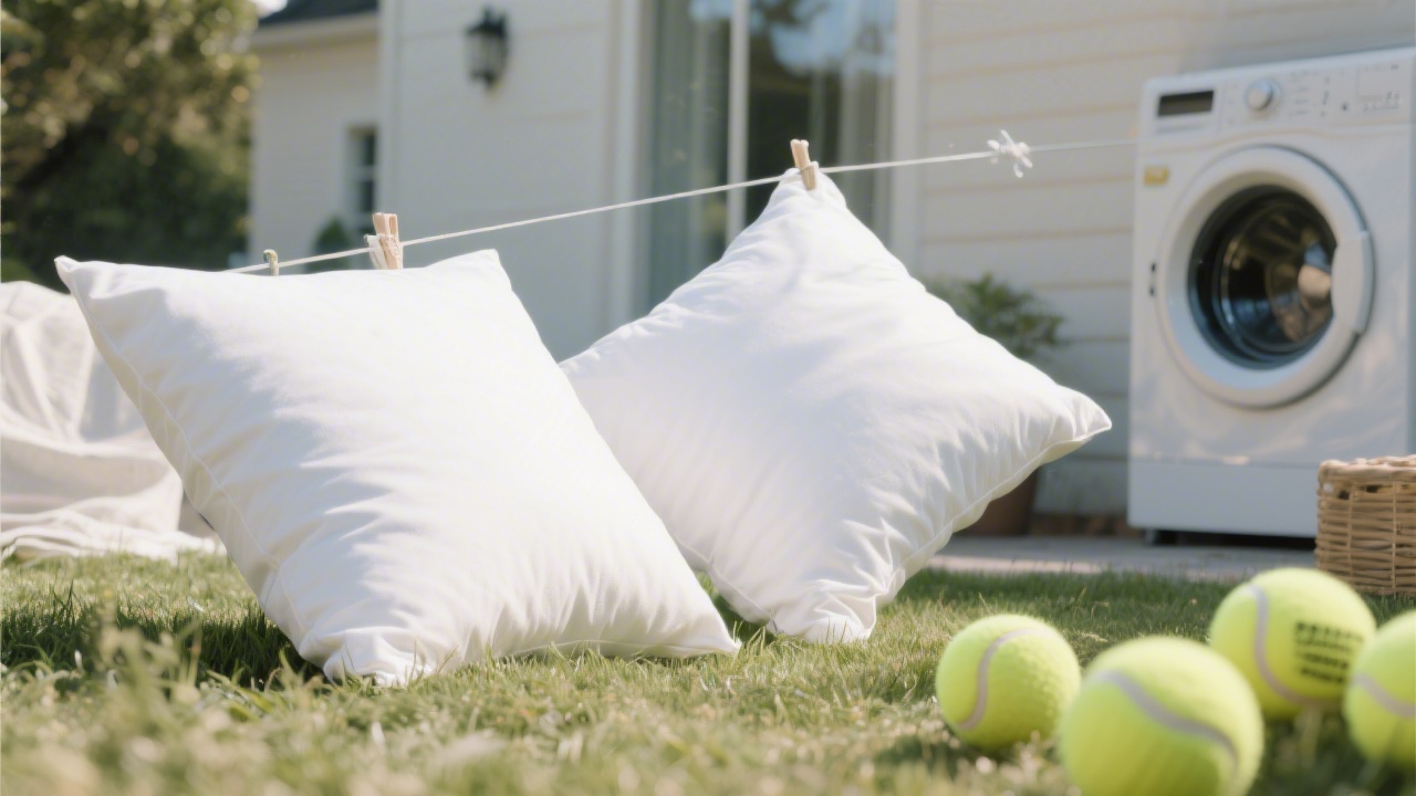 Pillow care and cleaning — white pillows being freshened with tennis balls in dryer