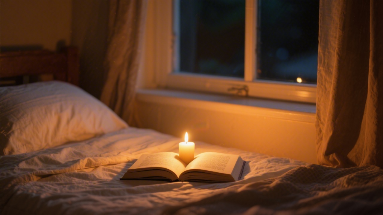 Soft candlelight illuminating an open book by a bedside window