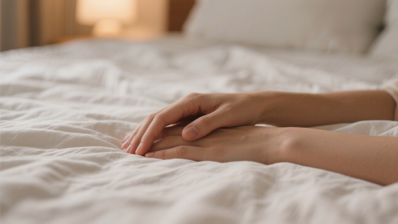 Relaxed hands on white linen bed sheets for progressive muscle relaxation