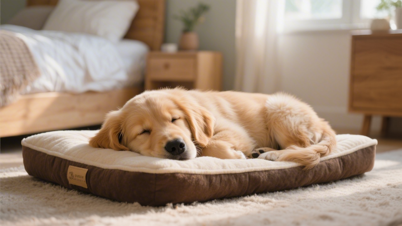 Puppy sleeping on a soft dog bed next to a bedroom