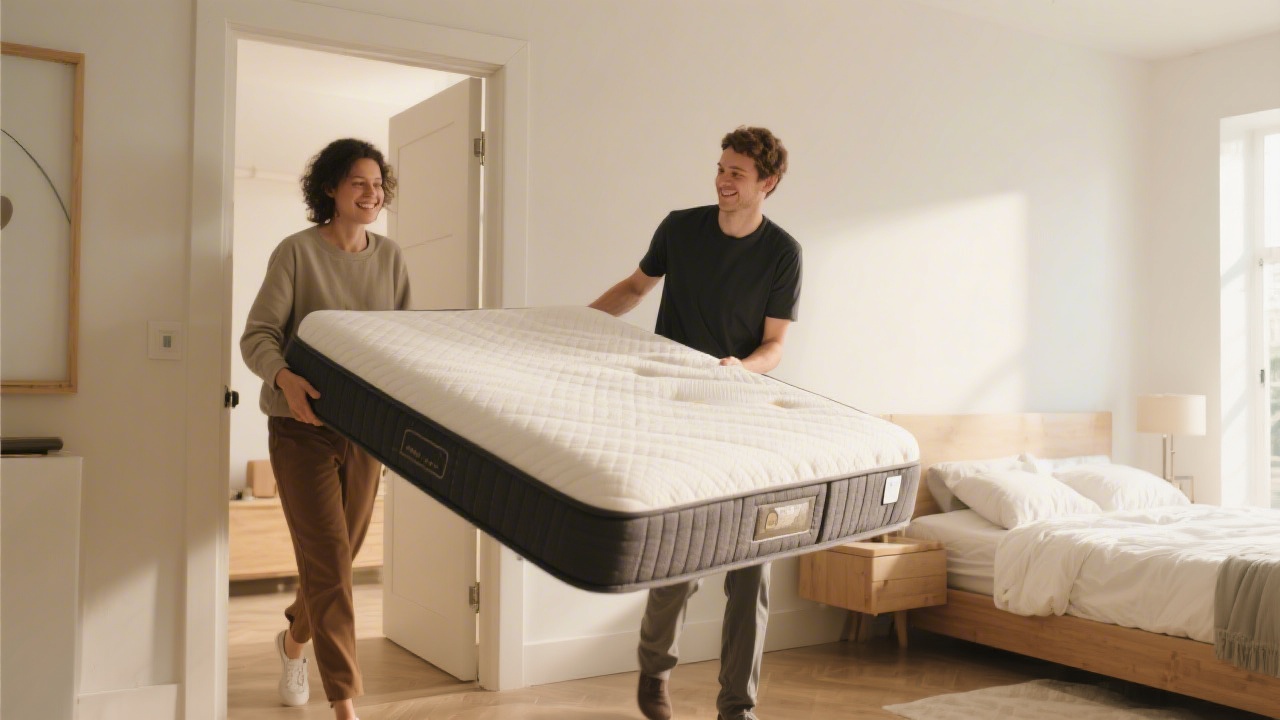 Two people carrying a queen mattress during delivery