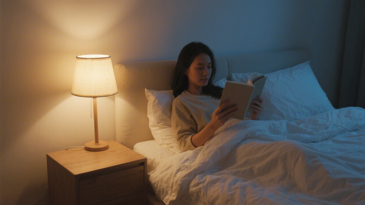 Person relaxing before bed with warm lighting and book