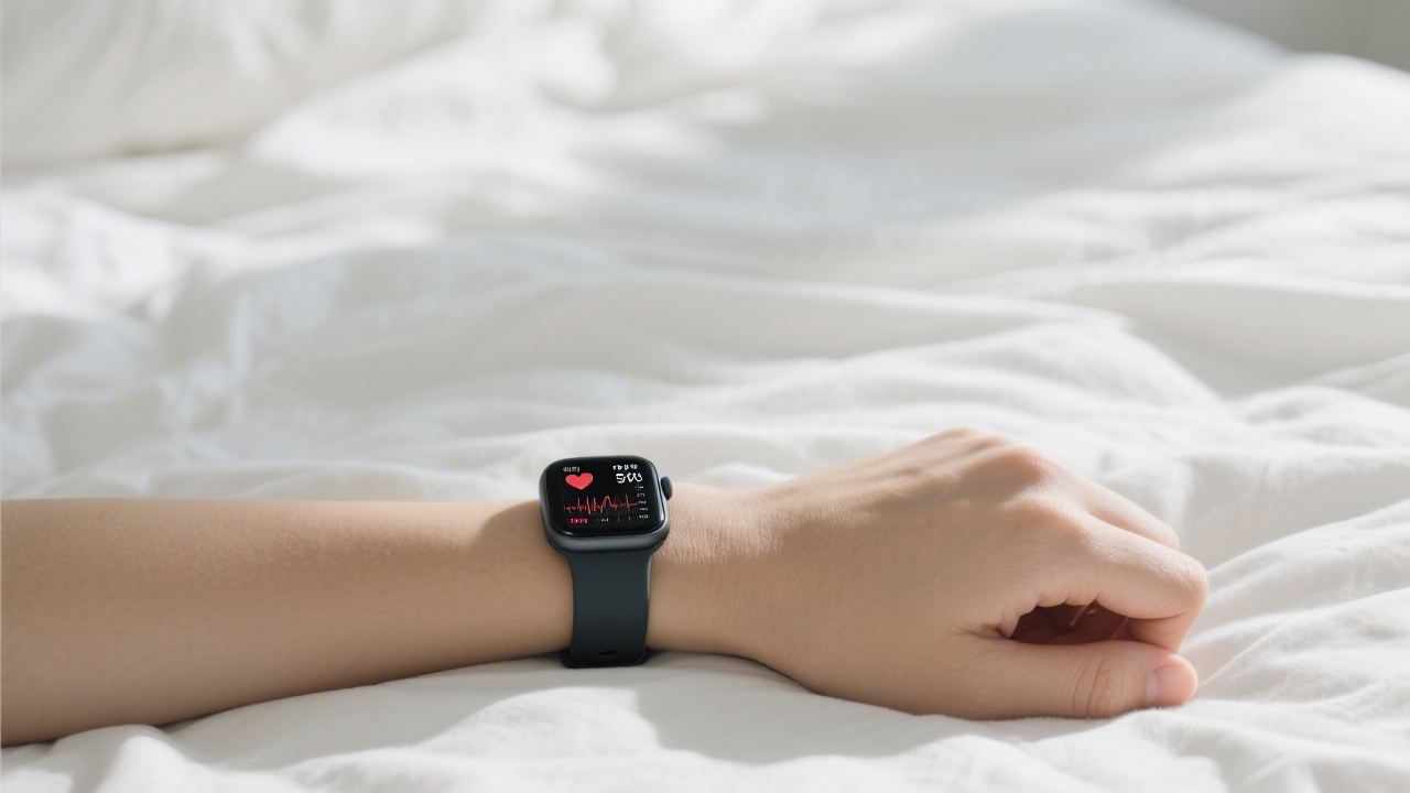 Smartwatch showing heart rate on white bedsheets representing nocturnal HRV tracking