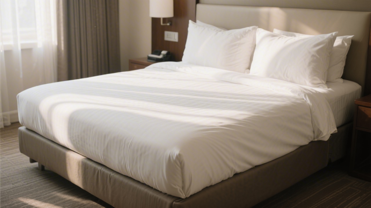 Well-made bed with white hotel-style bedding in a warmly lit bedroom