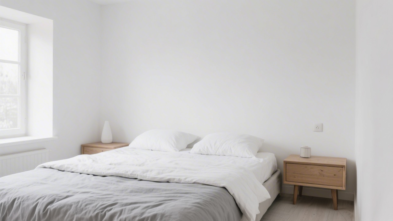 Scandinavian bedroom with white and grey minimal bedding