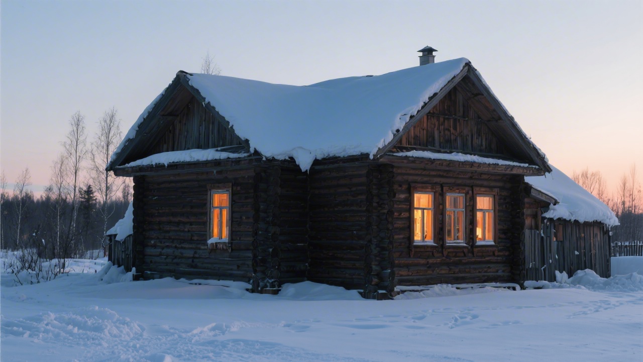 Snow-covered wooden house in winter representing seasonal sleep traditions