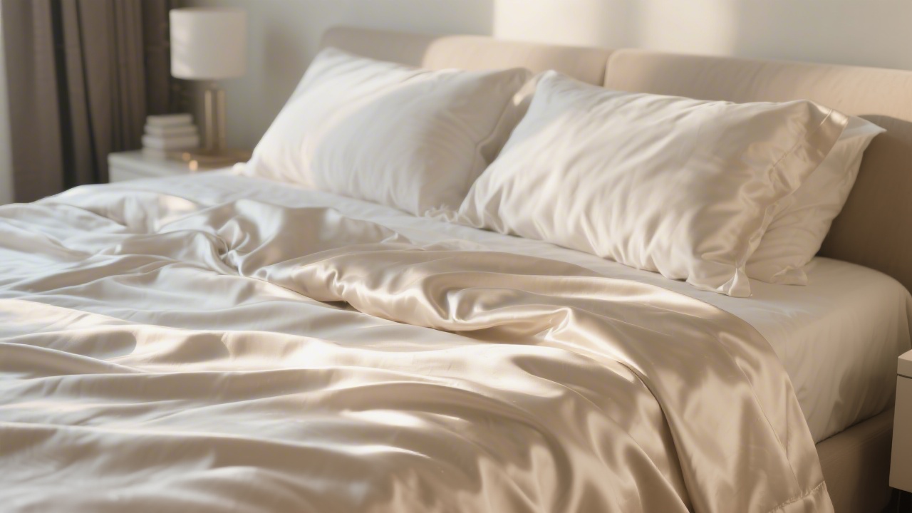 Silk sheets on a bed showing smooth shimmering fabric texture