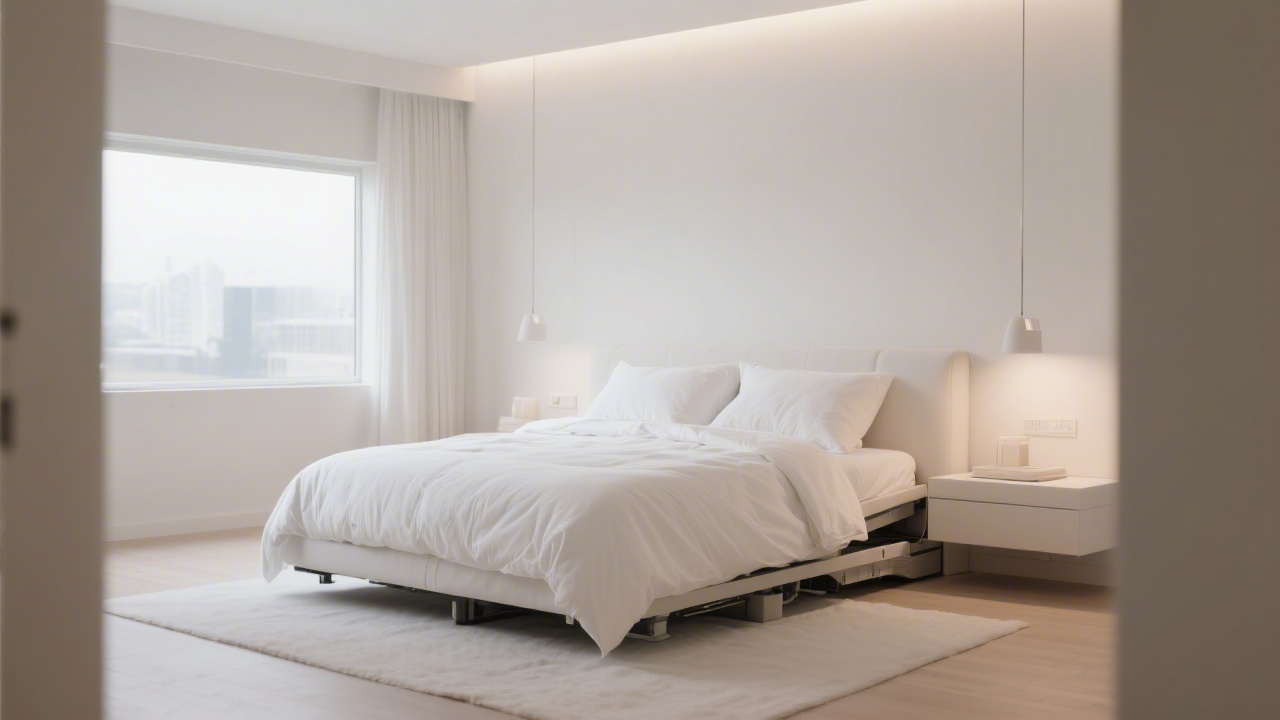 Premium bedroom with slightly elevated adjustable bed base and white bedding