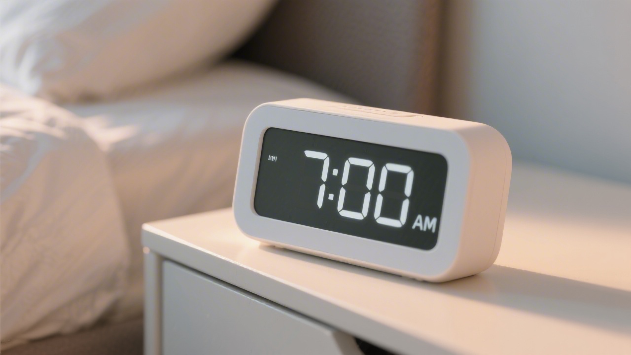 Digital alarm clock on nightstand representing sleep efficiency measurement