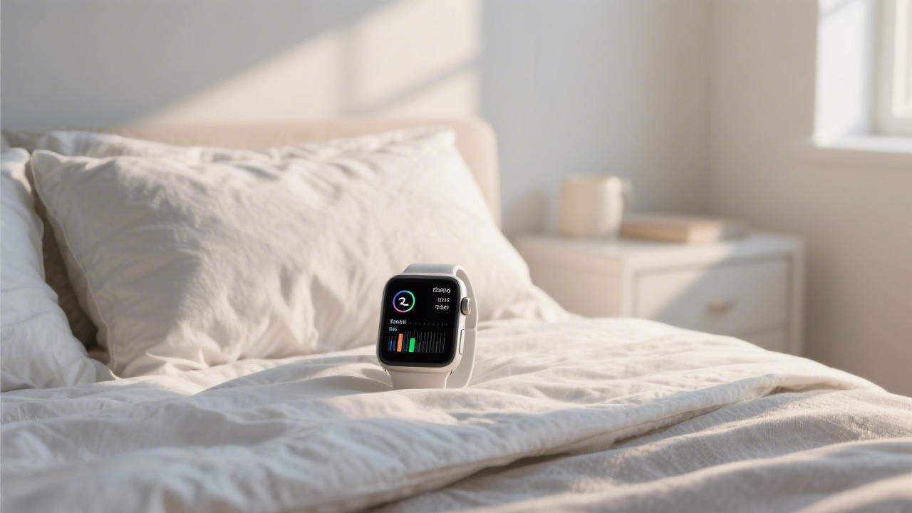 Smartwatch showing sleep tracking data beside a comfortable bed