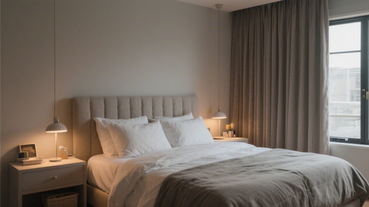 Well-designed sleep environment with dim lighting and cool atmosphere