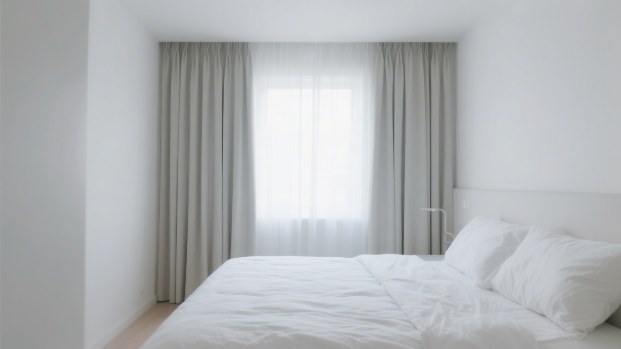 Optimized minimalist bedroom with blackout curtains and white bedding