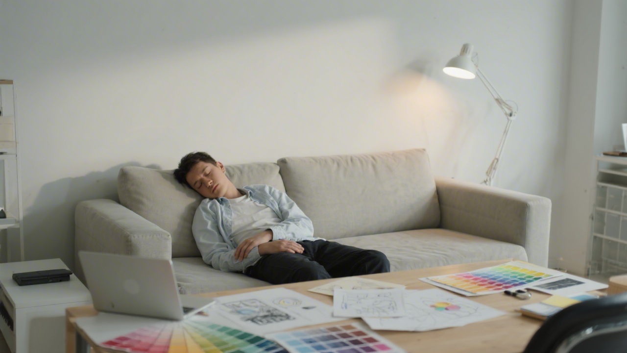 Designer resting in a studio with creative work on the desk