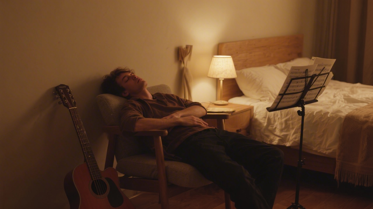 Musician sleeping with guitar and music sheets nearby