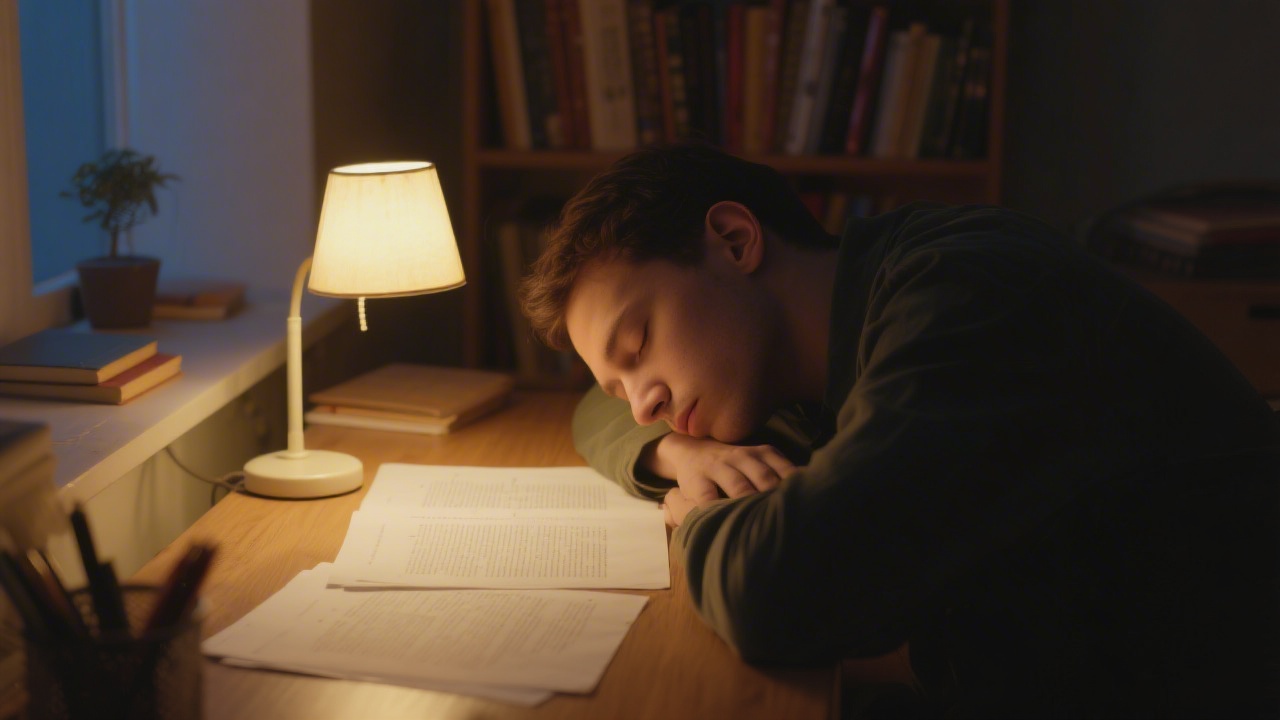 Writer sleeping at a desk surrounded by manuscript pages