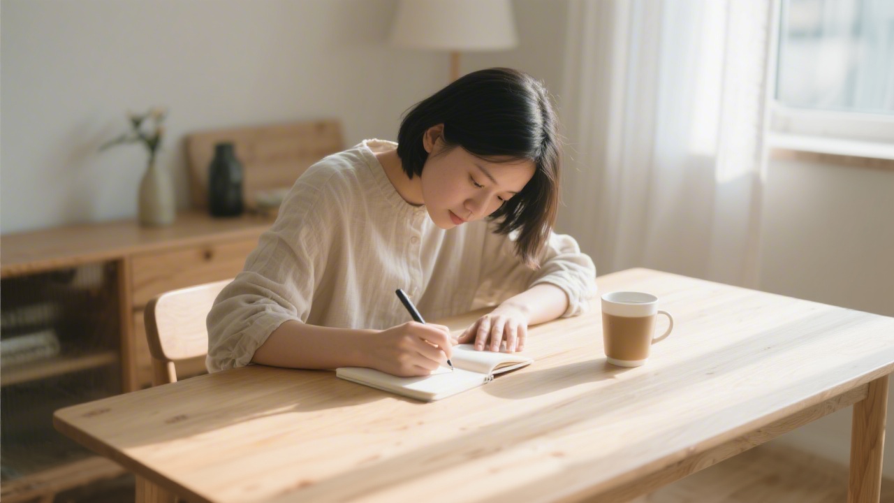 Person writing sleep goals in a notebook at a desk with morning light