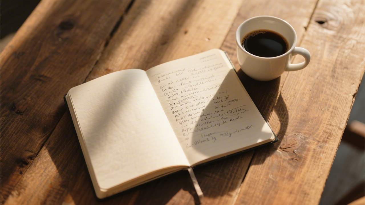 Open sleep journal notebook with morning coffee, tracking sleep patterns