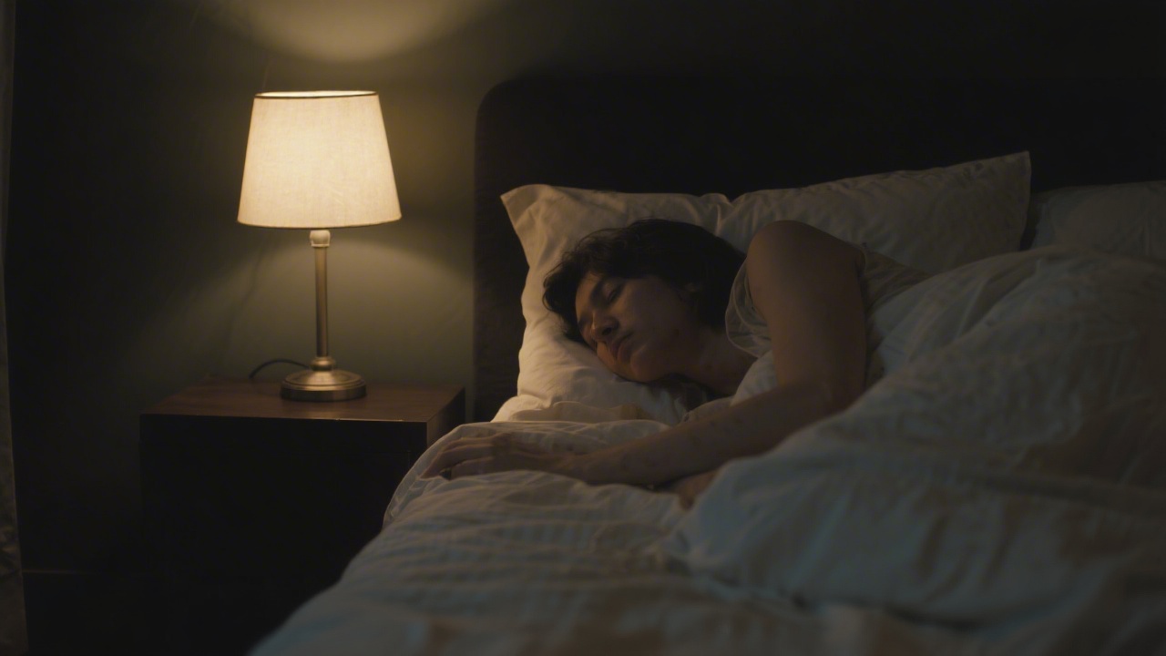 Person lying in bed in peaceful dark bedroom representing normal sleep onset time