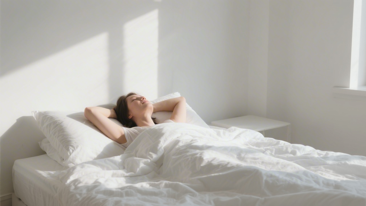 Person waking up refreshed and rested in a bright bedroom