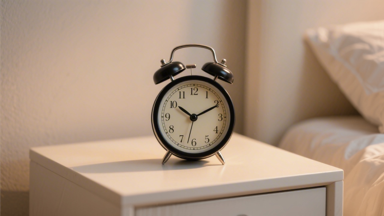 Analog alarm clock on nightstand representing sleep restriction therapy schedule