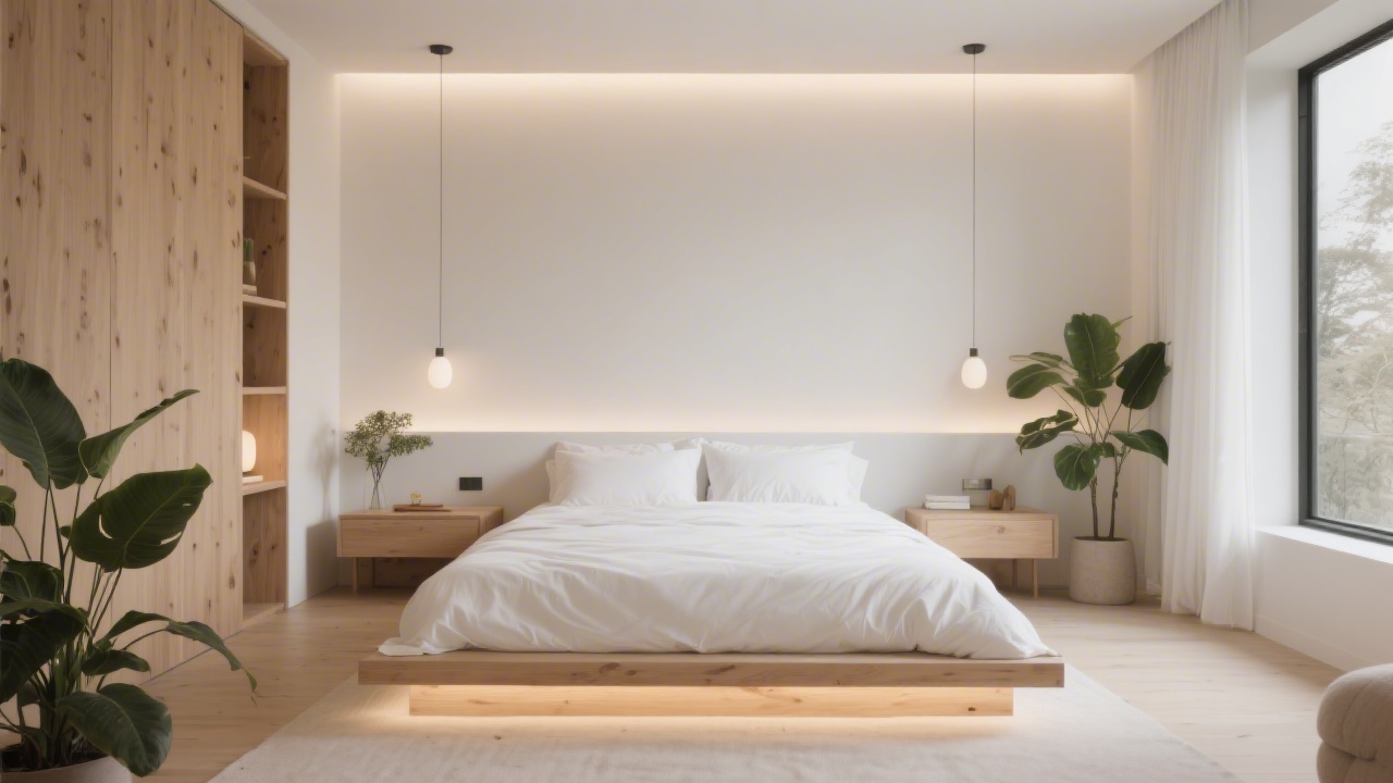 Perfectly designed sleep sanctuary bedroom with minimal decor and soft lighting