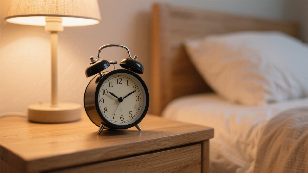 Alarm clock on bedside table representing consistent sleep schedule maintenance