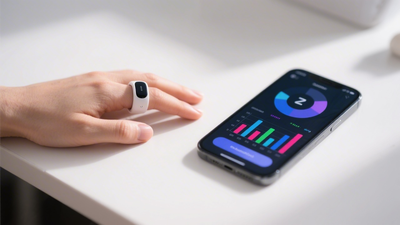 Smart ring and smartphone displaying sleep score data chart