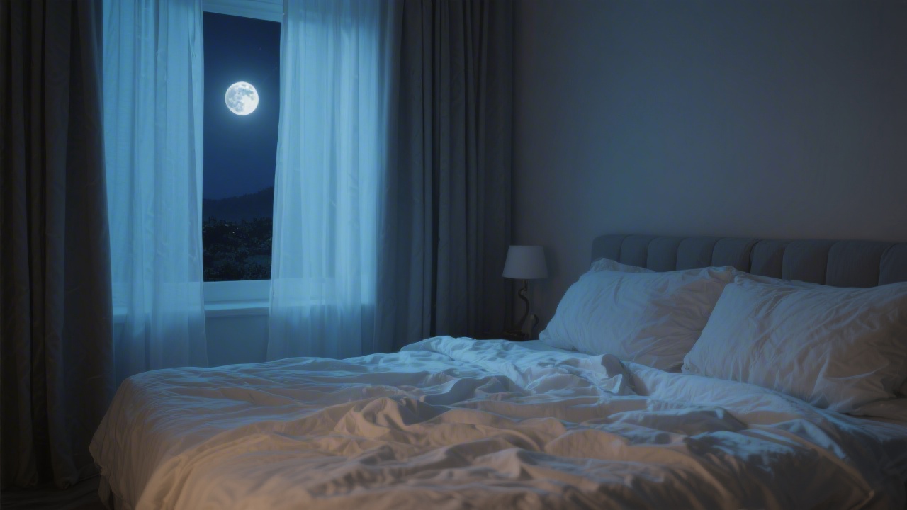 Peaceful bedroom at night with soft moonlight — sleep as surrender