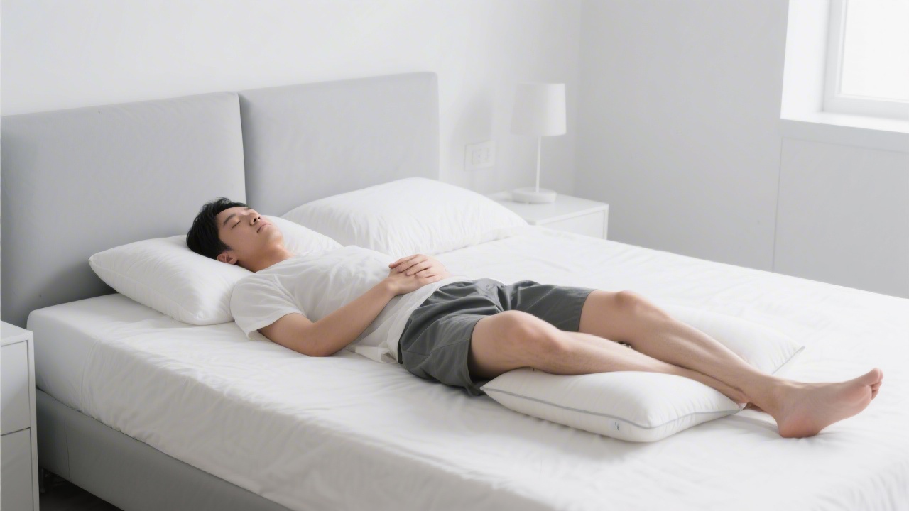 Person sleeping on back with pillow under knees for lumbar support