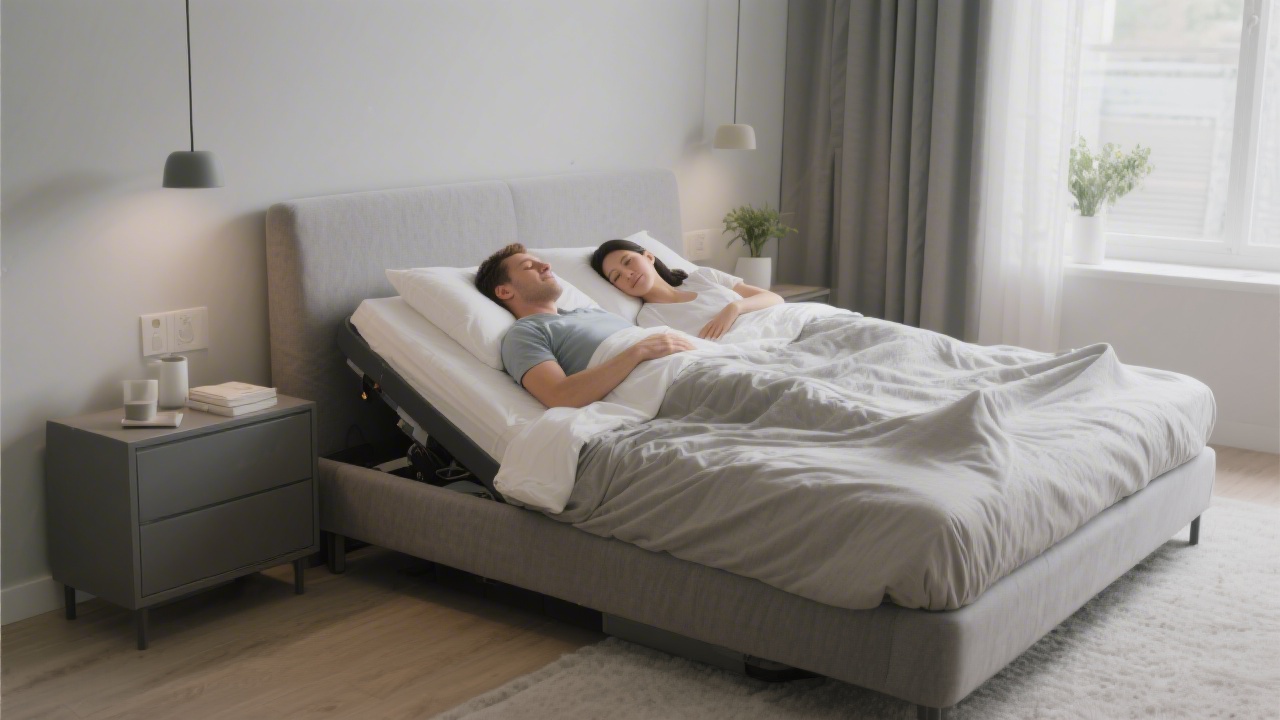 Couple using adjustable base to reduce snoring and improve shared sleep