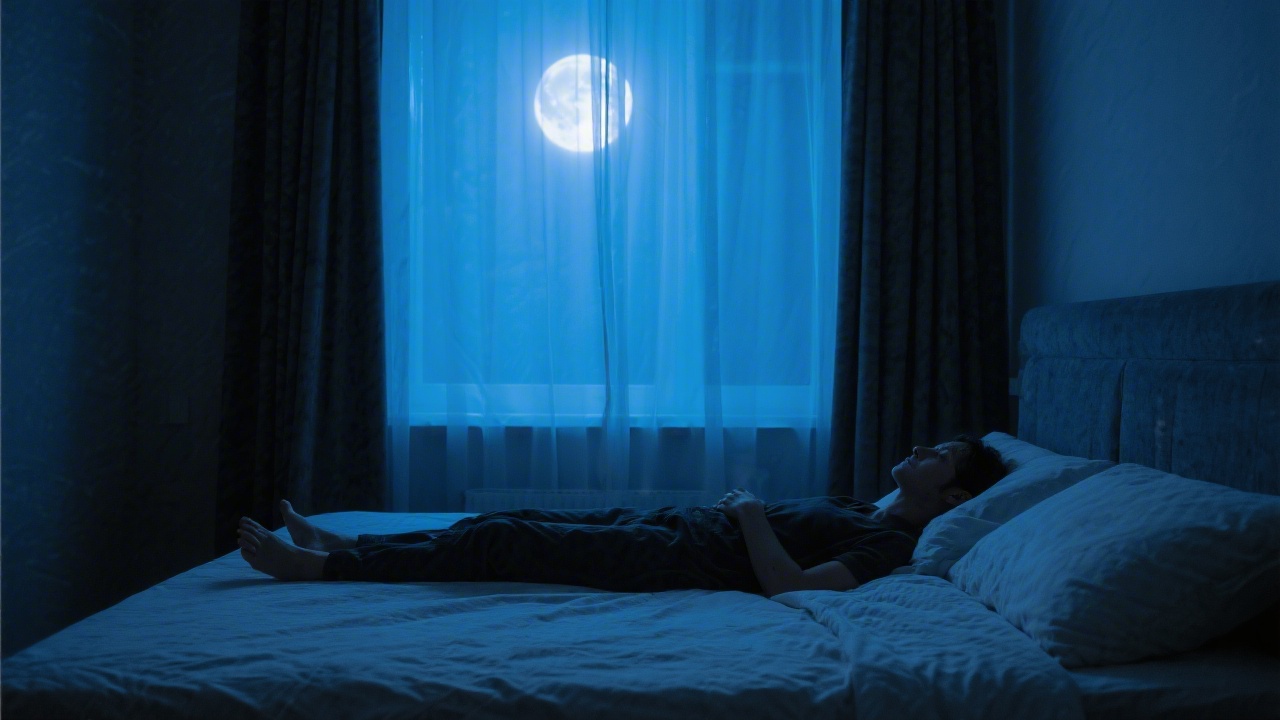 Person lying awake in a large empty bedroom at night, soft blue moonlight through curtains, solitary and contemplative atmosp
