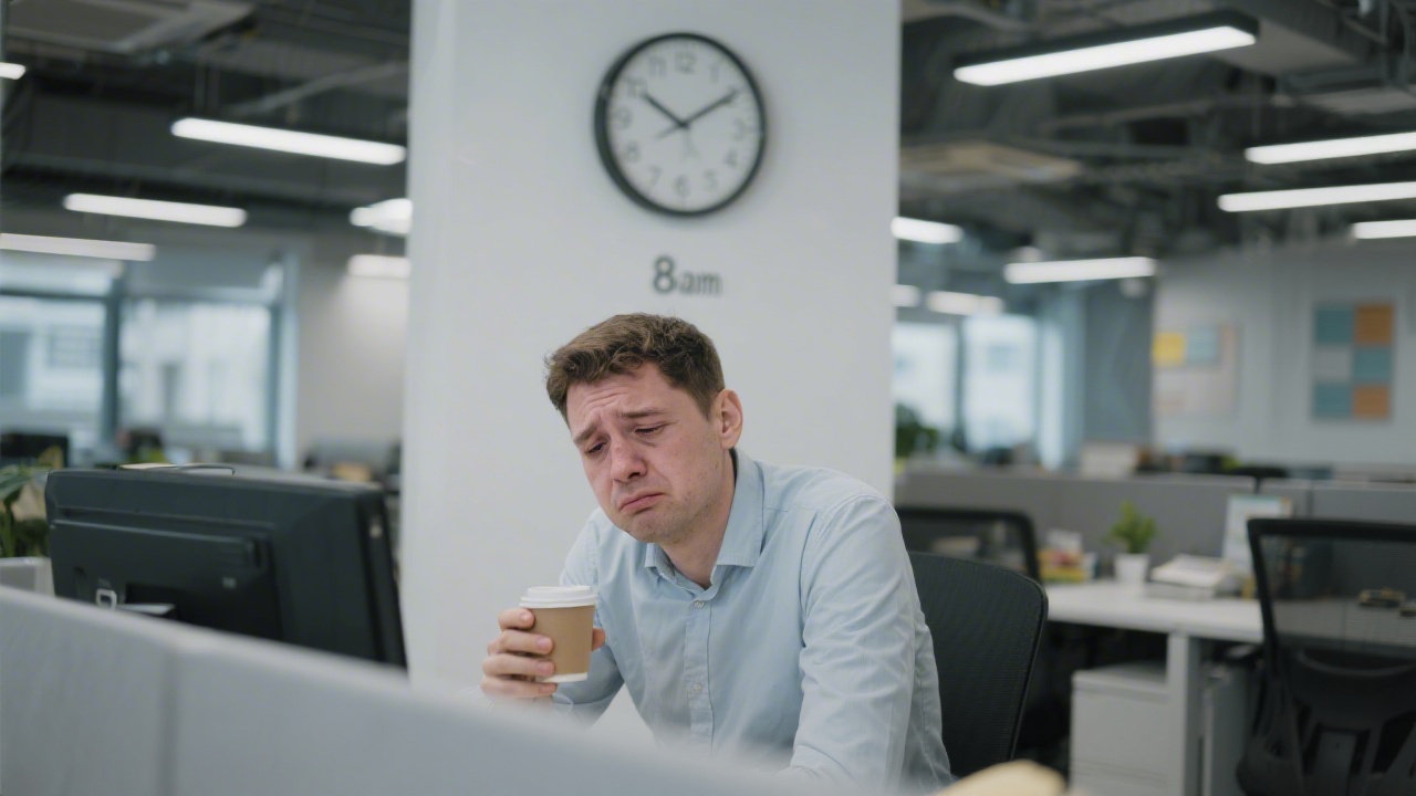 Office worker looking exhausted at desk on Monday morning, dark circles under eyes, coffee in hand, clock on wall showing 8am
