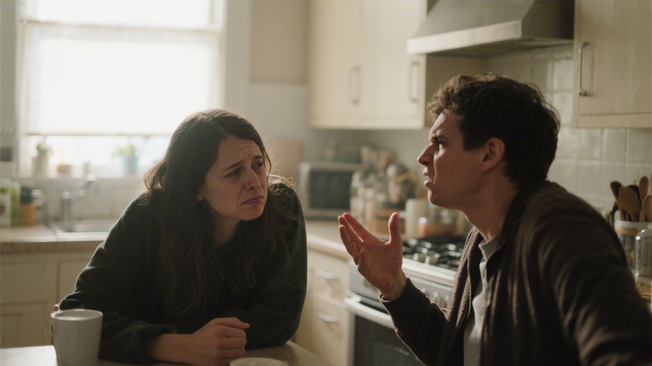 Two people having a tense conversation, one looking tired and distracted, the other frustrated, kitchen setting, natural morn
