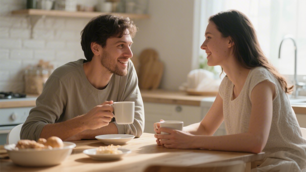 Couple having a calm morning conversation over coffee after waking up, warm natural light, relaxed body language, kitchen tab