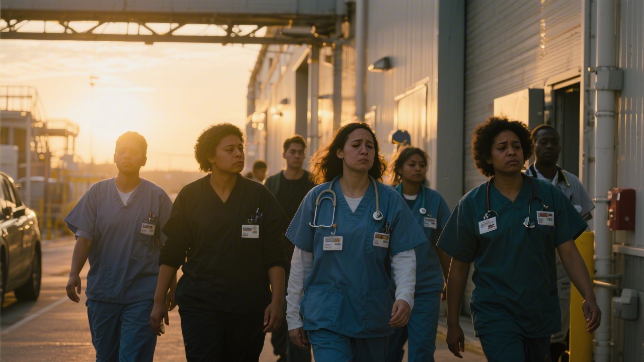 Diverse group of essential workers leaving a night shift at dawn, factory or hospital setting, tired faces, golden hour light
