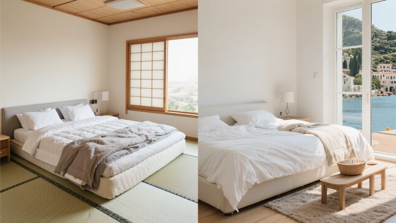 Split composition showing different cultural sleep environments — Japanese futon on tatami, Scandinavian bedroom with multipl