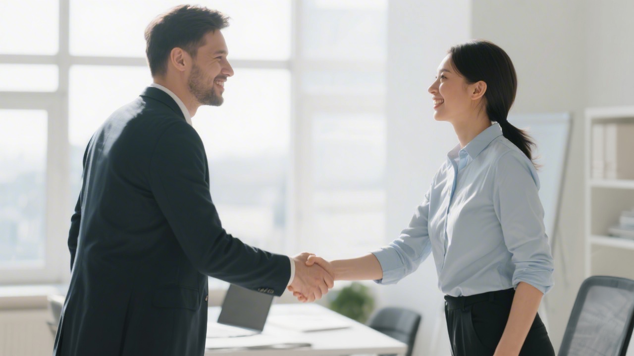 Two business partners shaking hands confidently in a bright morning office, relaxed and open body language, clean natural lig