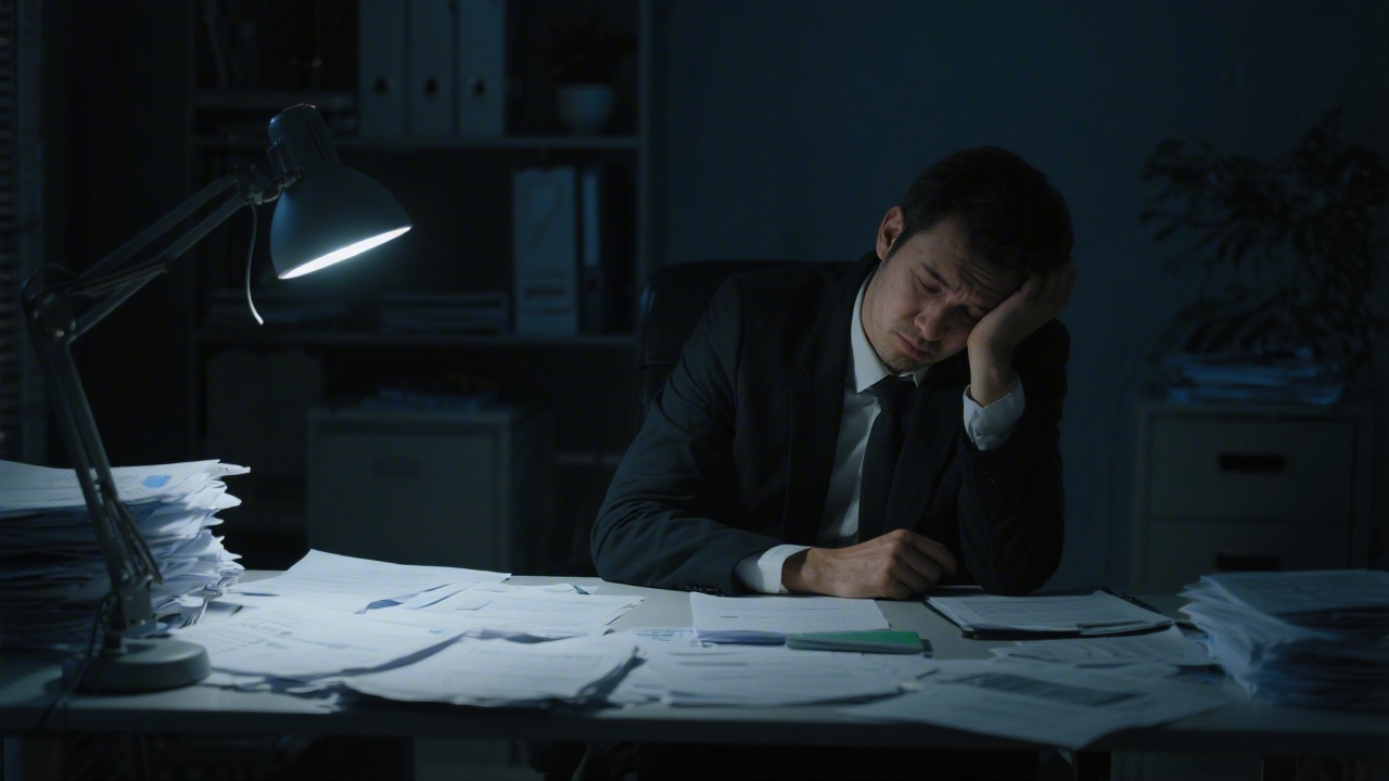 Business professional looking exhausted at a desk late at night surrounded by paperwork, moral dilemma atmosphere, dark drama
