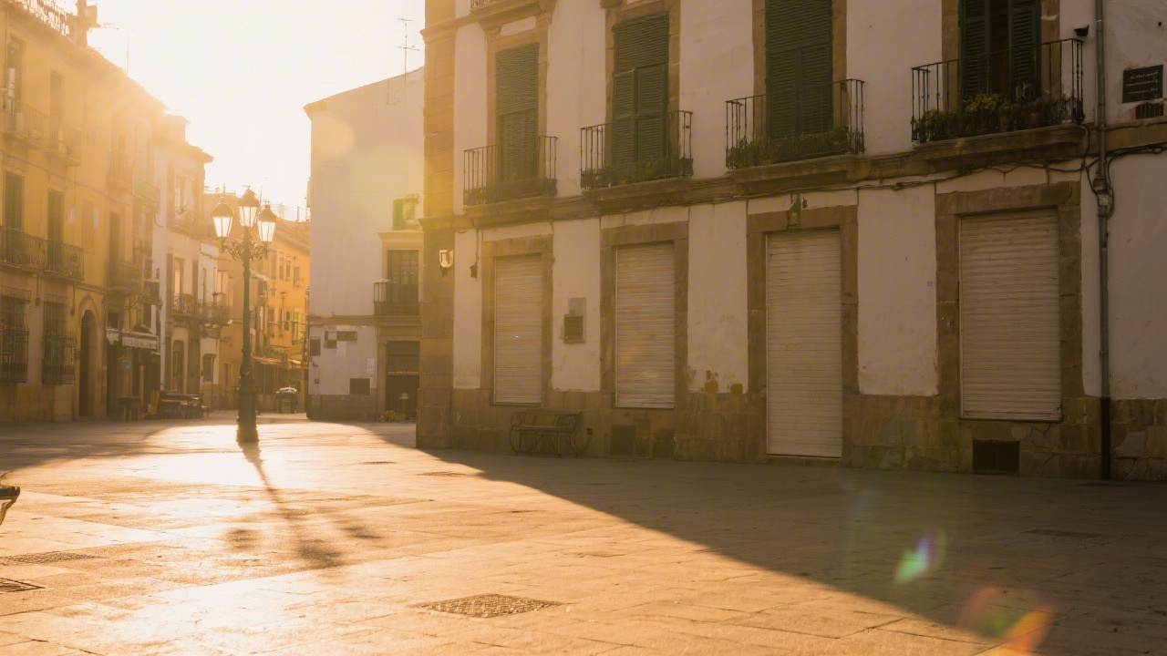 Shuttered windows in a Spanish plaza during siesta hour