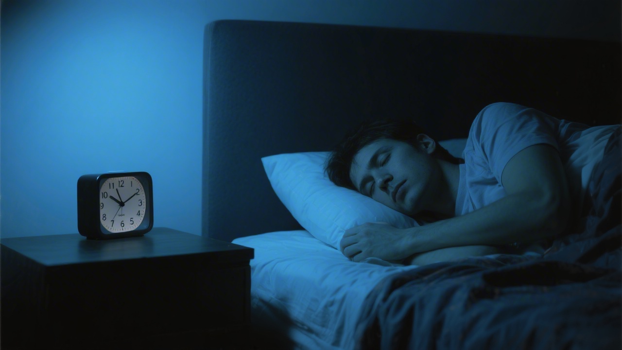 Person lying awake stressed in dark bedroom at night