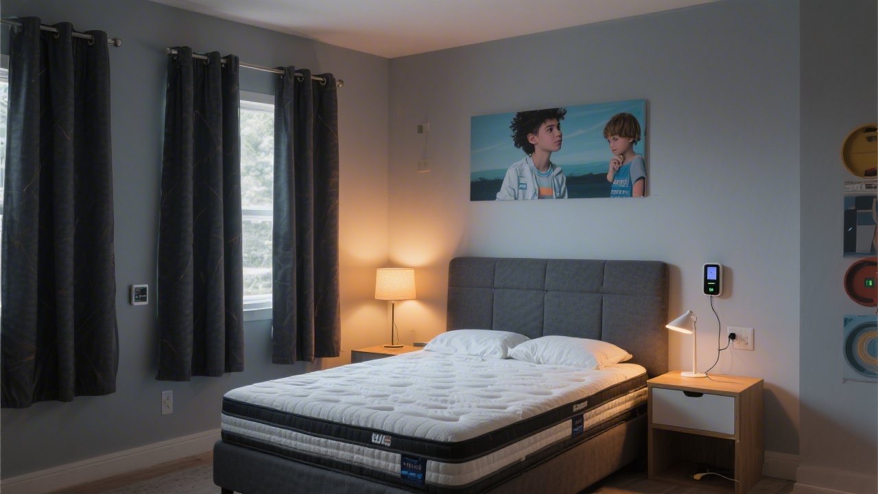 Teen bedroom optimized for better sleep with blackout curtains and phone charging station