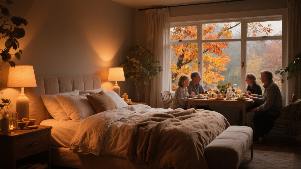 Cozy bedroom for restful Thanksgiving night sleep