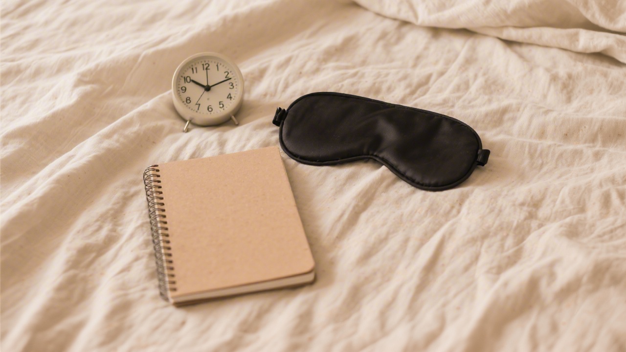 Analog clock and sleep mask on clean bed sheets representing total sleep time tracking