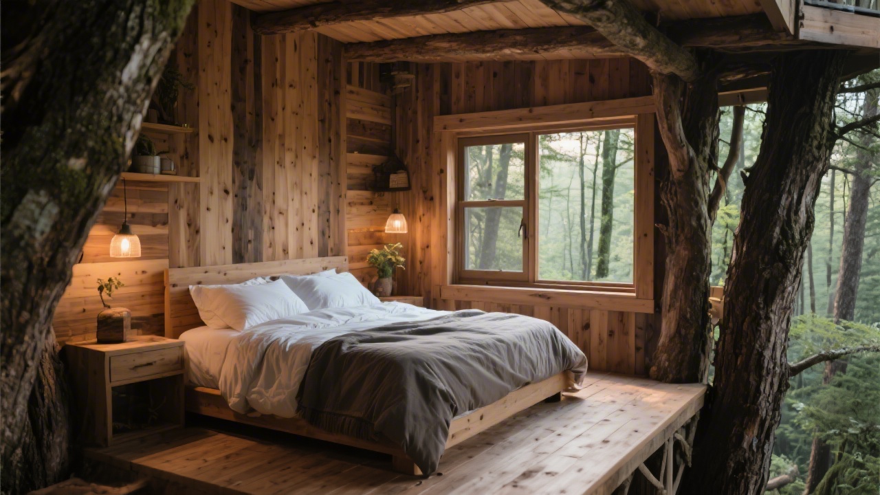 Treehouse or cabin interior with a comfortable mattress setup
